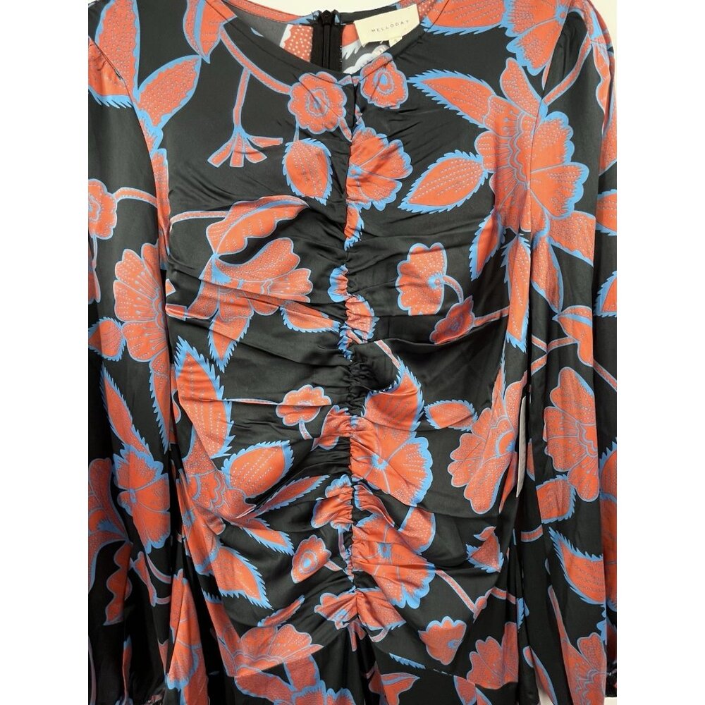 MELLODAY Women's Gray Orange Floral Silky Long Sleeve Maxi Dress NWT Small - Picture 3 of 8